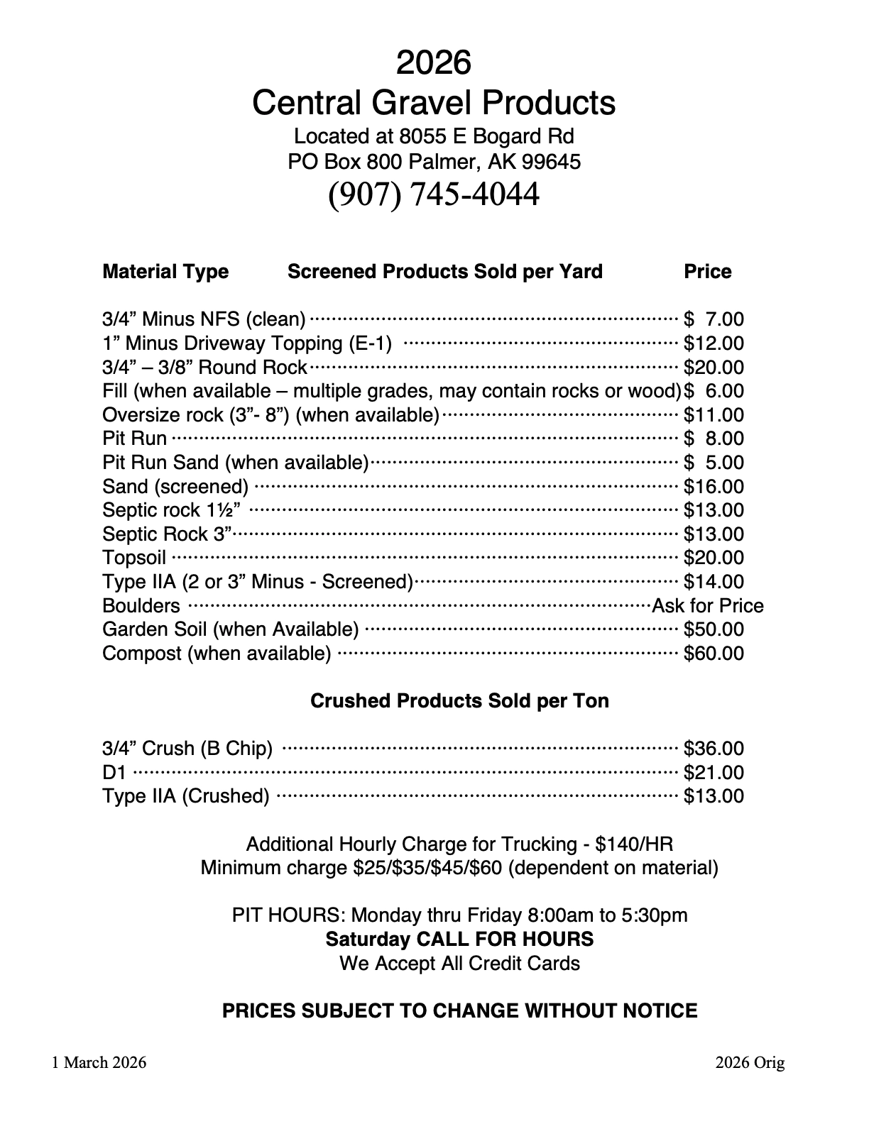 Central Gravel Products 2026 Prices